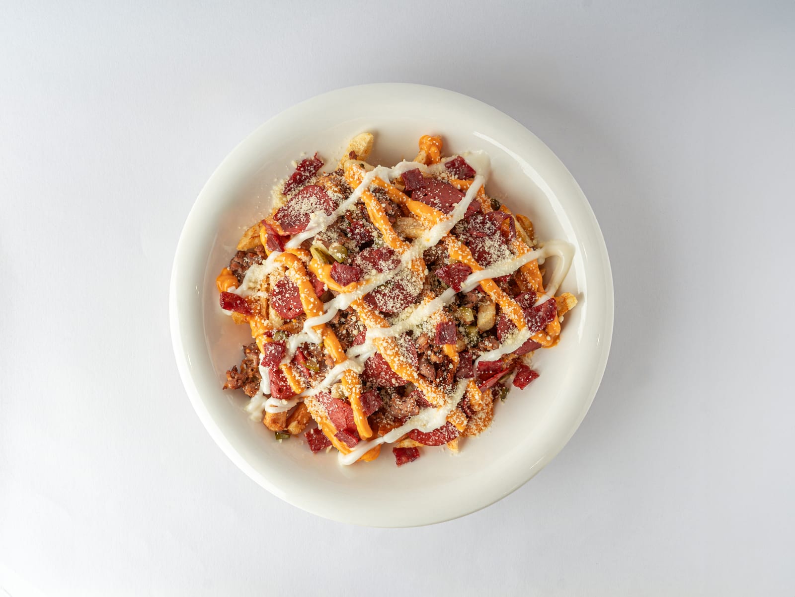Funky Fries Beef — loaded fries with beef bacon, brisket, parmesan and cheese sauce — Gila Burger PJ
